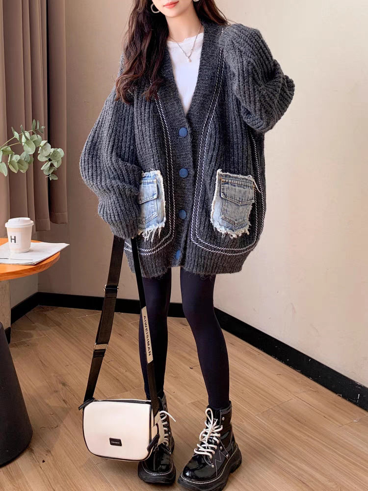 Denim Patchwork Button Pocket Sweater Cardigan