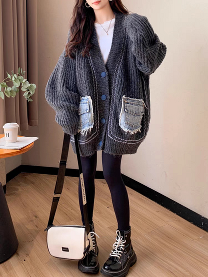 Denim Patchwork Button Pocket Sweater Cardigan