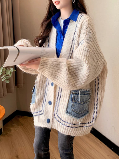 Denim Patchwork Button Pocket Sweater Cardigan