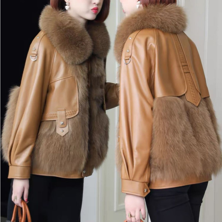 Faux Leather Fur Patchwork Coat