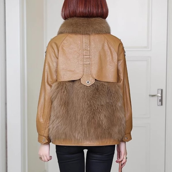 Faux Leather Fur Patchwork Coat
