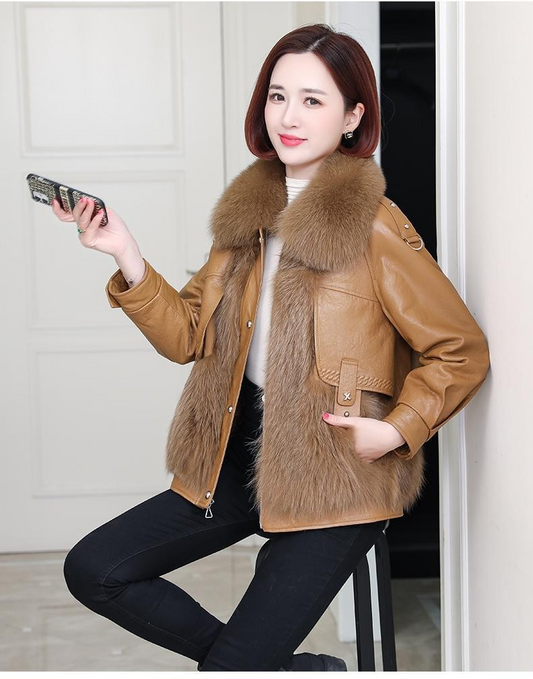 Faux Leather Fur Patchwork Coat