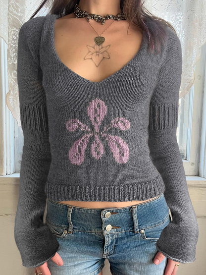 Flower Vintage Round Neck Knitted Sweater