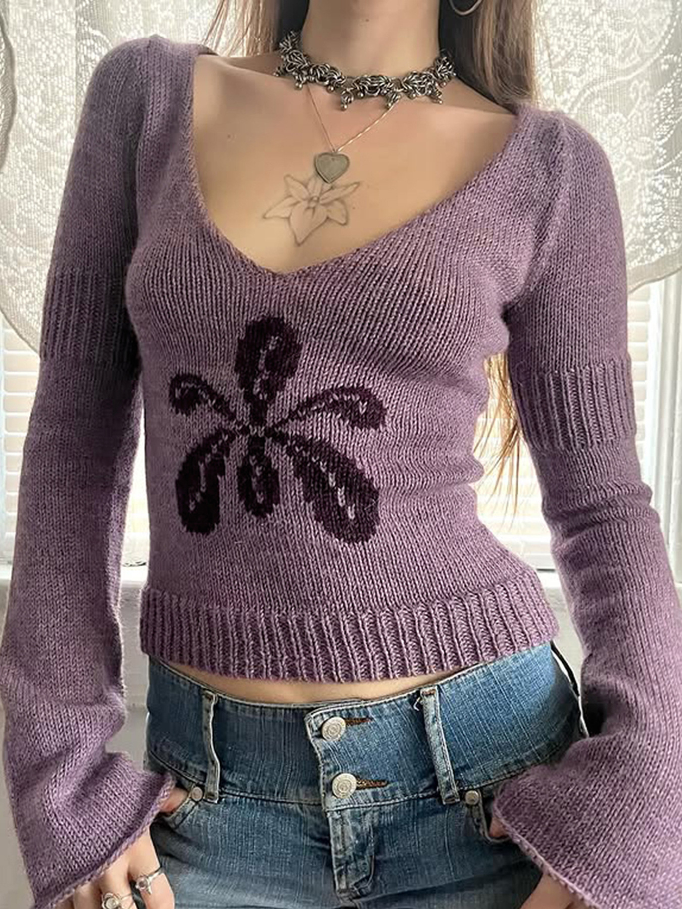 Flower Vintage Round Neck Knitted Sweater