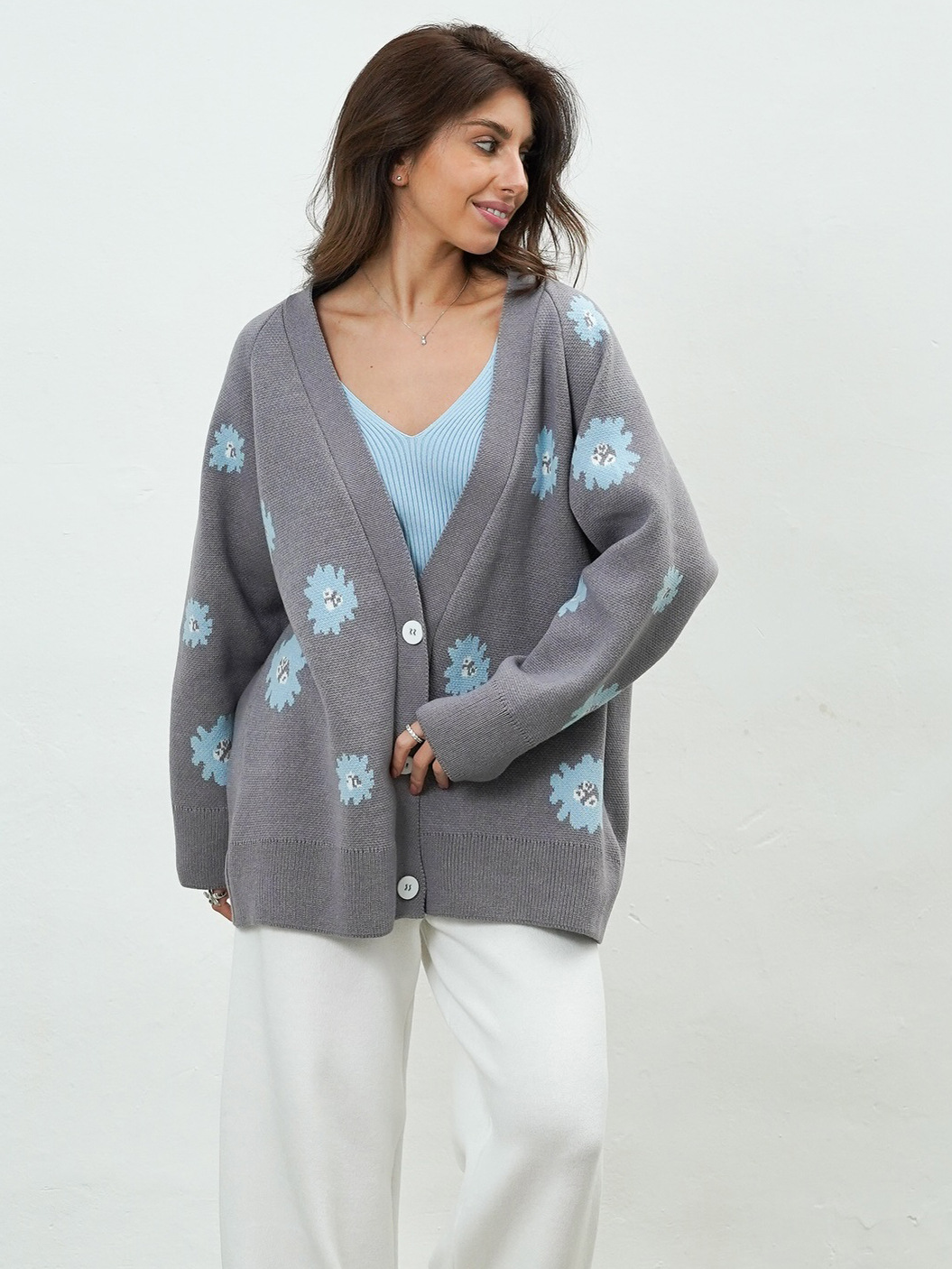 Printed Single-Breasted Button Cardigan
