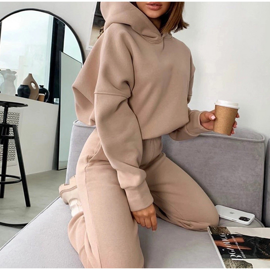 Solid Color Hooded Sweatshirt Two Piece Set