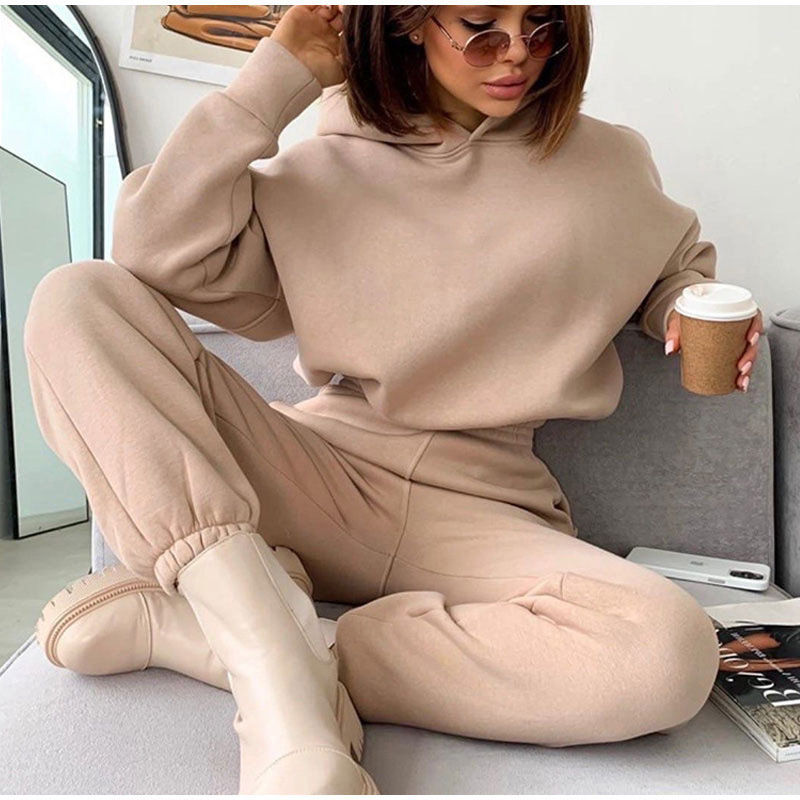 Solid Color Hooded Sweatshirt Two Piece Set