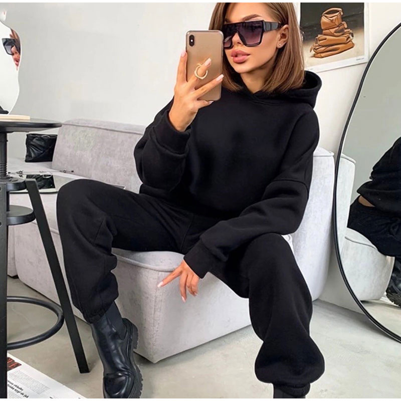 Solid Color Hooded Sweatshirt Two Piece Set