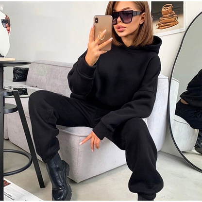 Solid Color Hooded Sweatshirt Two Piece Set