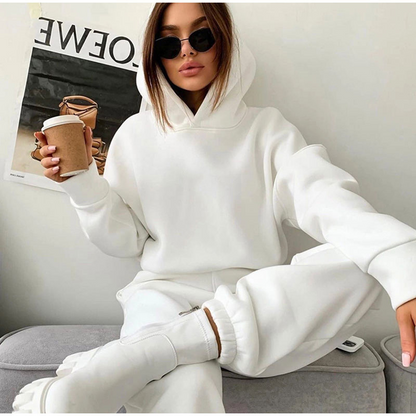 Solid Color Hooded Sweatshirt Two Piece Set