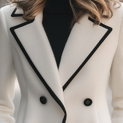 Chic Double-Breasted White Coat with Black Trim