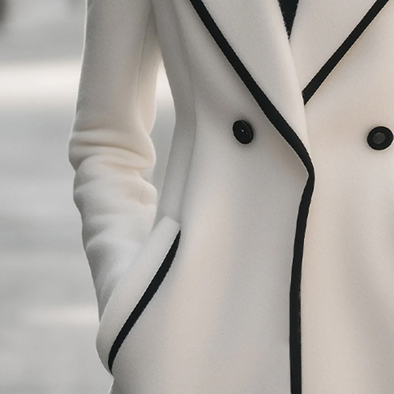 Chic Double-Breasted White Coat with Black Trim