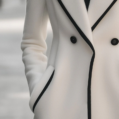 Chic Double-Breasted White Coat with Black Trim