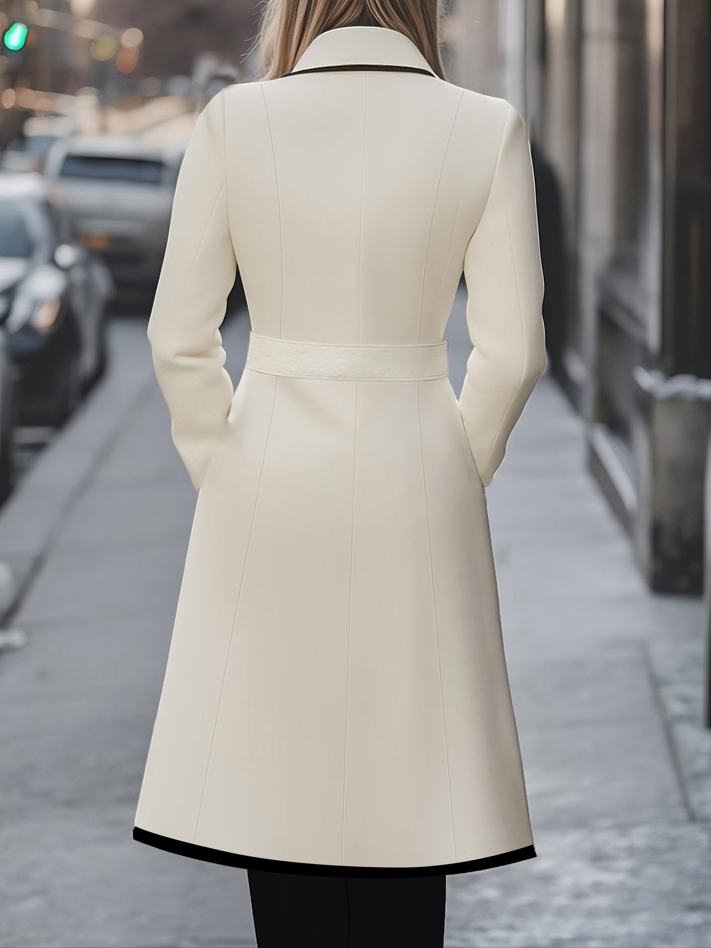 Chic Contrast-Trimmed Long White Coat