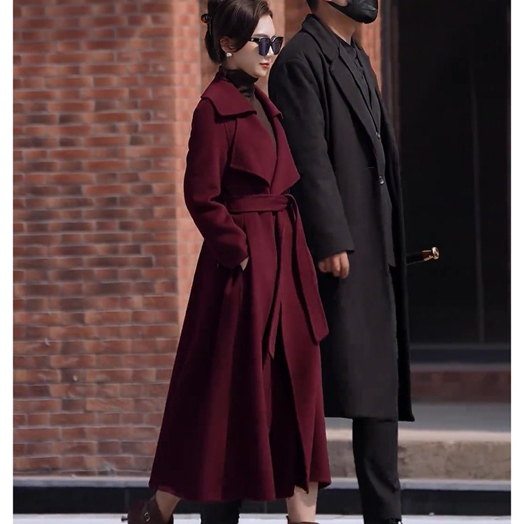 Burgundy Wool Trench Coat with Feminine Fit