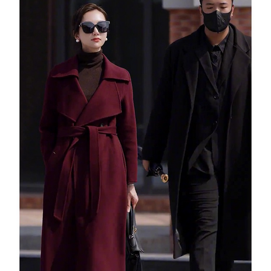 Burgundy Wool Trench Coat with Feminine Fit