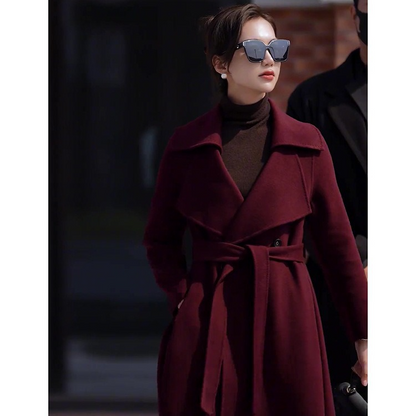 Burgundy Wool Trench Coat with Feminine Fit