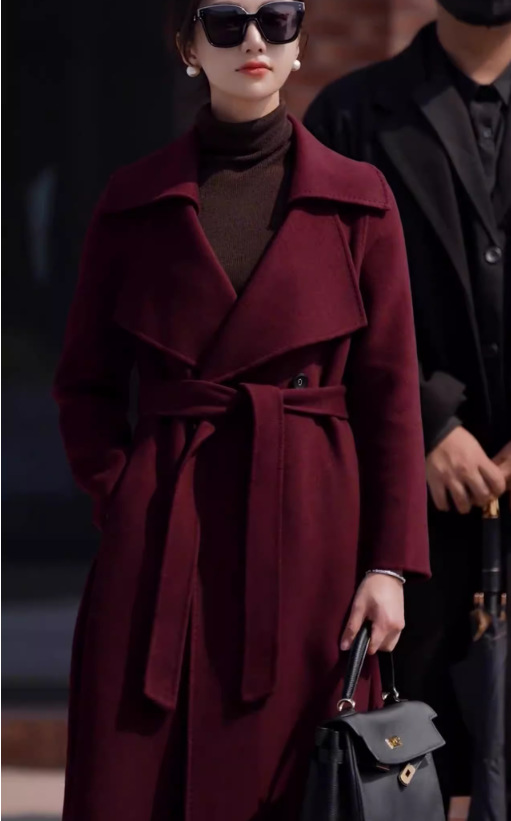 Burgundy Wool Trench Coat with Feminine Fit