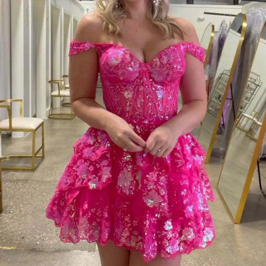 Fuchsia A Line Off the Shoulder Corset Homecoming Dress with Ruffles