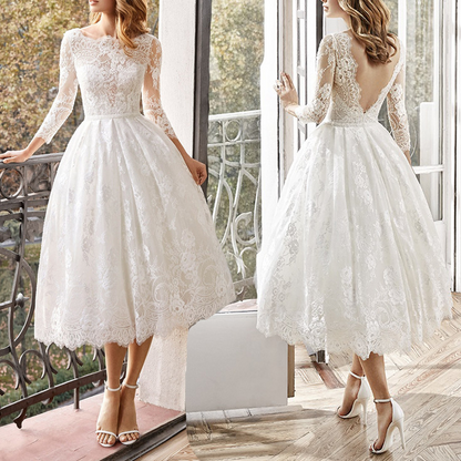 A Line Long Sleeves Tea Length Short Wedding Dress